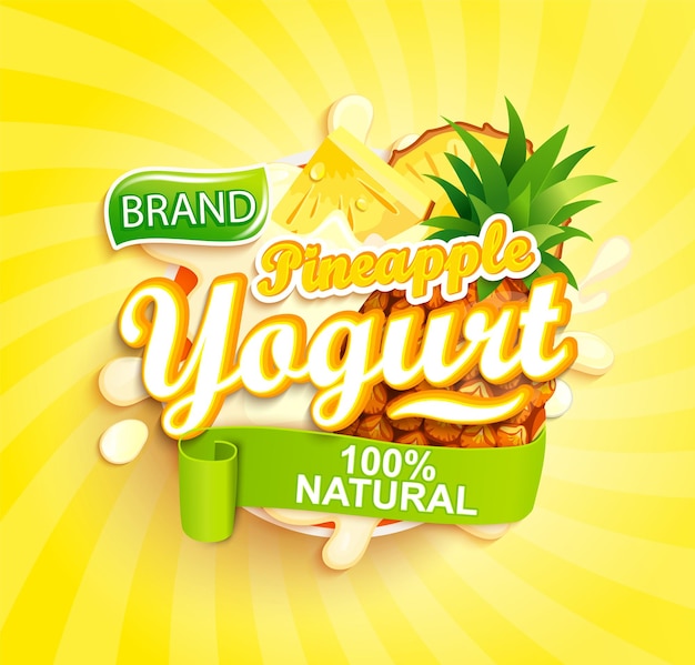 Ananas Yoghurt label Natuurlijk en vers fruit in melk spatten voor uw merk logo embleem sticker Biologische en zoete dessert sjabloon voor uw ontwerp Vectorillustratie