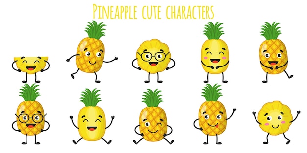 Ananasfruit leuke grappige vrolijke karakters met verschillende poses en emoties