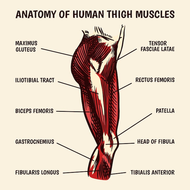 Anatomie van de menselijke dijspieren in vintage stijl hand getekend gegraveerde monochrome schets vector