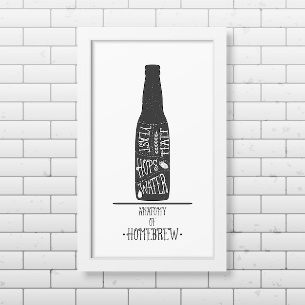 Anatomy of beer - typographical background in realistic square white frame on the brick wall background.