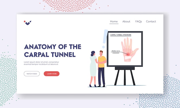 Anatomy of Carpal Tunnel Syndrome Landing Page Template. Patient Male Character Visiting Doctor in Clinic Complain on Pain in Wrist after Working on Pc in Office. Cartoon People Vector Illustration