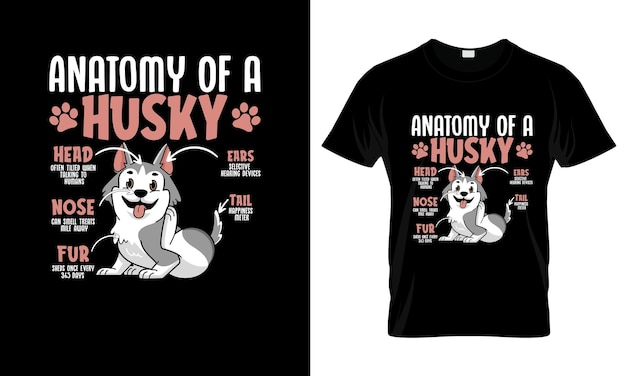 Vettore anatomia di un husky t-shirt grafico colorato disegno di t-shirt siberiano husky