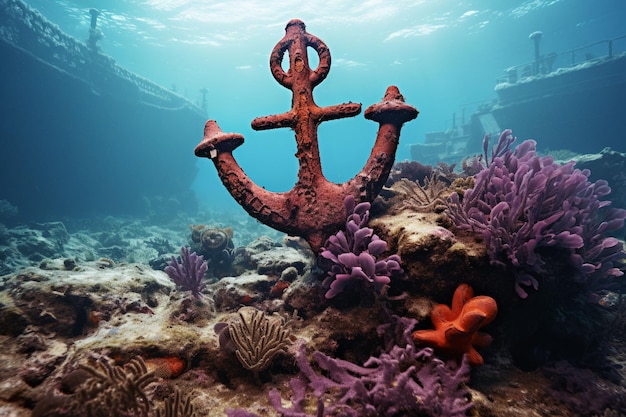 Vector an anchor on the bottom of a coral reef