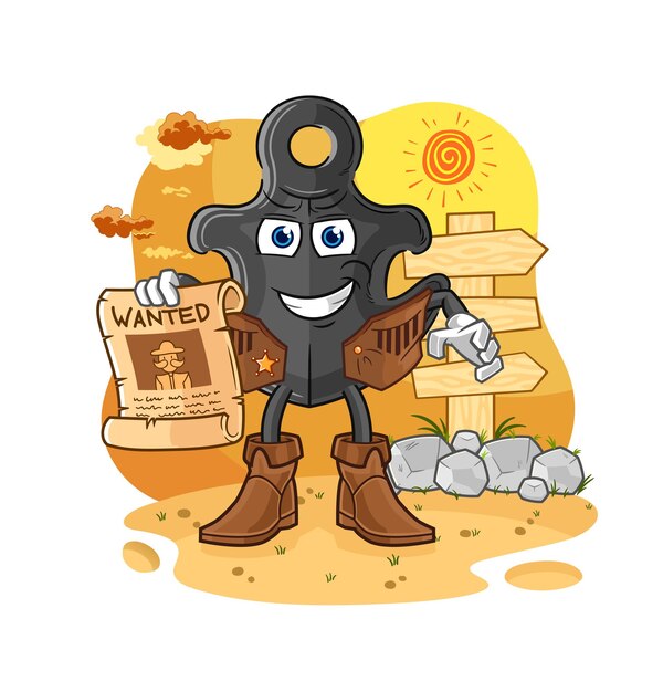 Anchor cowboy with wanted paper cartoon mascot vector