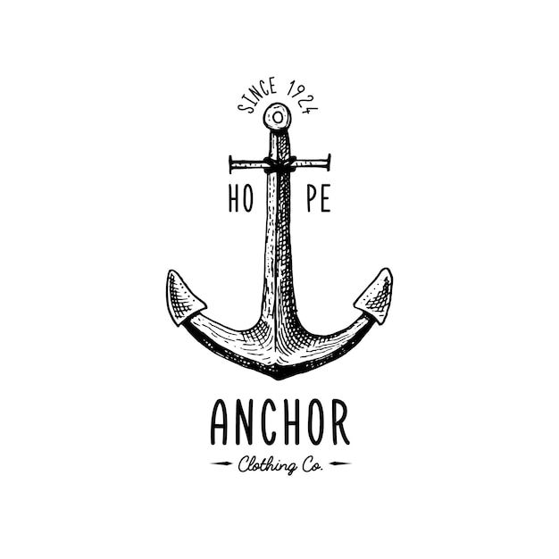 Anchor engraved vintage in old hand drawn or tattoo style drawing for marine aquatic or nautical theme wood cut blue logo