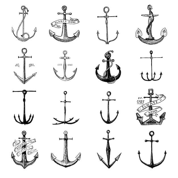 海洋水生または航海をテーマにした古い手描きまたはタトゥースタイルの図面に刻まれたヴィンテージをアンカーウッドカットブルーのロゴ