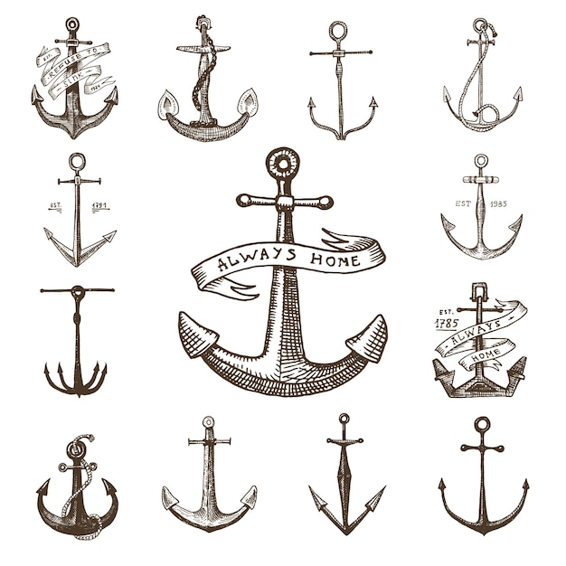 Anchor engraved vintage in old hand drawn or tattoo style drawing for marine aquatic or nautical theme wood cut blue logo