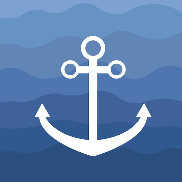 Якорная плоская иллюстрация с океанским фоном Логотип векторного моря
