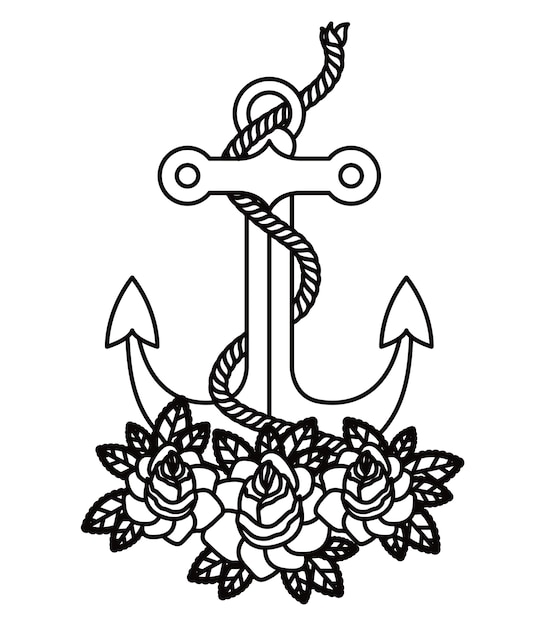 Vector anchor and flowers  tattoo isolated icon design