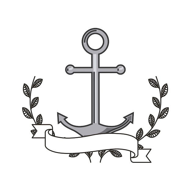 anchor icon with decorative wreath of leaves and ribbon