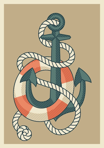 Anchor and lifebuoy Vector illustration in nautical style