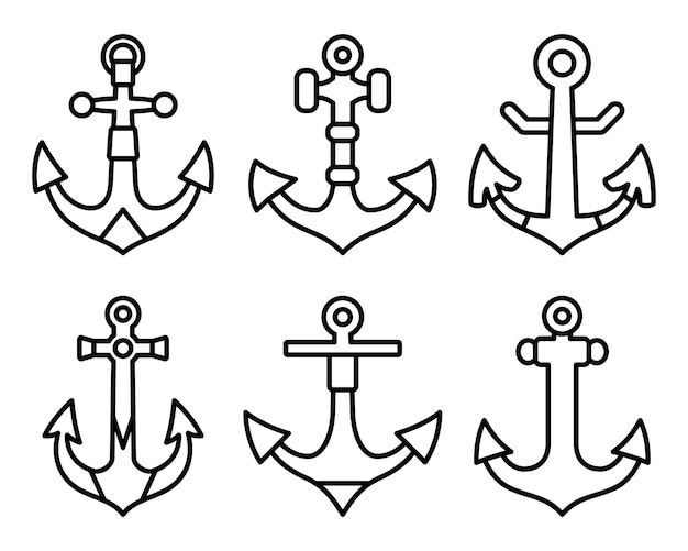 Anchor line icon set nautical vessel mooring appliance traditional ship accessory silhouettes anchor