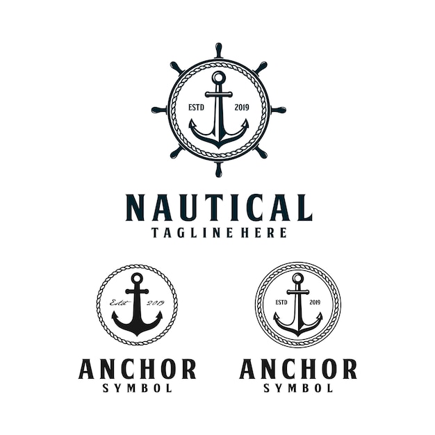 Vettore ancora, design del logo nautico hipster retrò con ruota della nave e corda circolare