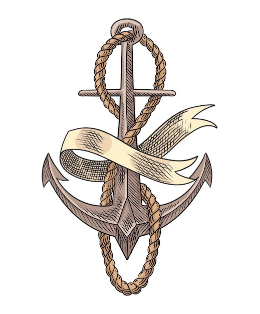 Vector anchor and rope sketch engraving vector illustration. hand drawn print design image. nautical symbol in vintage style. retro drawing.