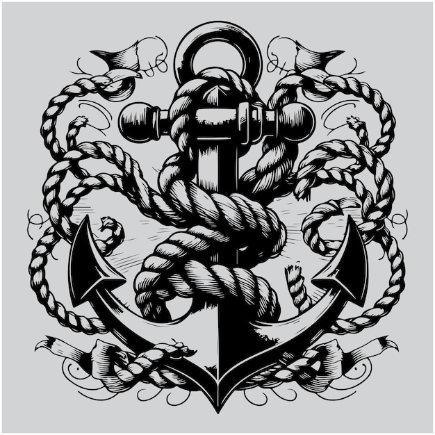 Anchor tangled with rope and ribbon banner Hand drawn sketch Vector illustration