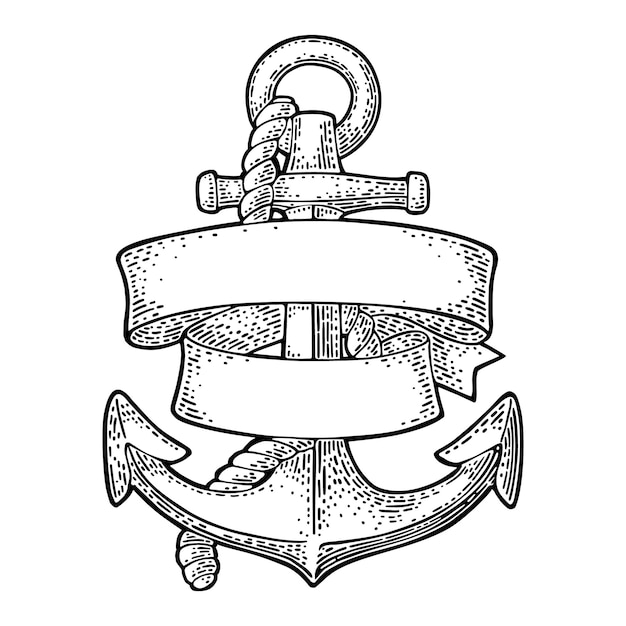 Vector anchor with ribbon and rope isolated on white background vector vintage engraving illustration for tattoo web and label hand drawn in a graphic style