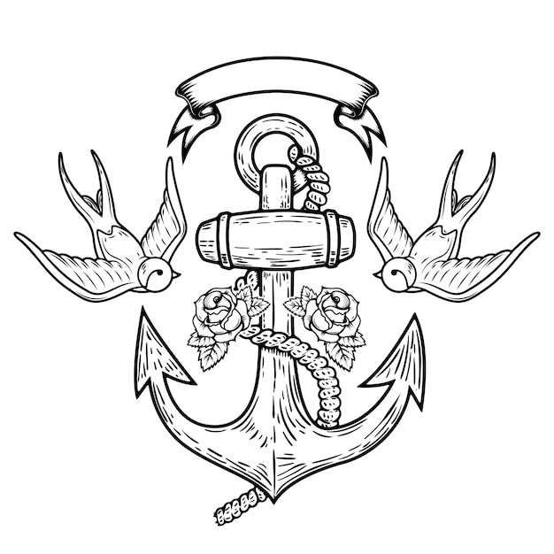 Vector anchor with swallows and roses. tattoo .  illustration