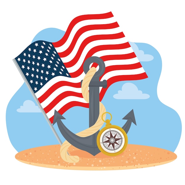 Vettore ancoraggio con bandiera usa e design bussola del tema happy columbus day america e discovery