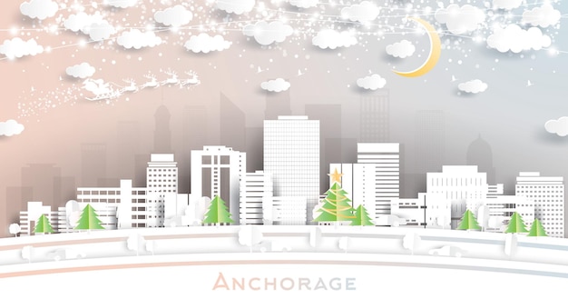 Anchorage, alaska, stati uniti d'america, skyline della città in stile taglio carta con luna di fiocchi di neve e ghirlanda al neon