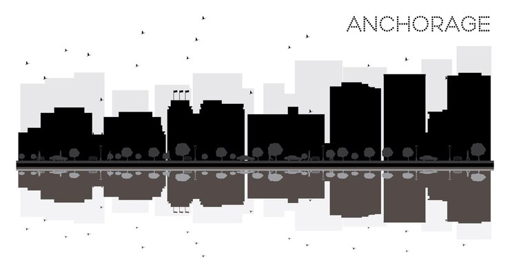 Vector anchorage city skyline black and white silhouette with reflections. vector illustration. simple flat concept for tourism presentation, banner, placard or web site. cityscape with landmarks