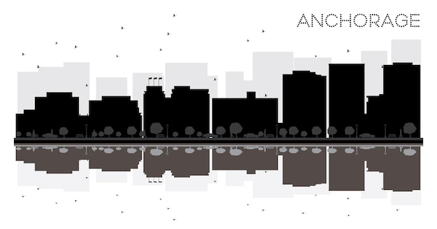 Anchorage city skyline zwart-wit silhouet met reflecties. vector illustratie. eenvoudig plat concept voor toeristische presentatie, banner, plakkaat of website. stadsgezicht met monumenten