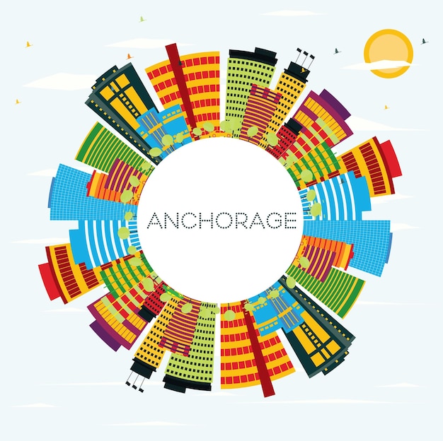 Anchorage Skyline with Color Buildings, Blue Sky and Copy Space. Business Travel and Tourism Concept. Image for Presentation Banner Placard and Web Site.