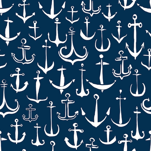 Anchors nautical seamless pattern hand painted with ink brush, isolated on white background. Vector illustration