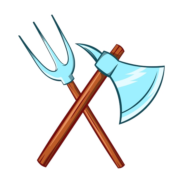 Ancient axe and trident icon in cartoon style on a white background