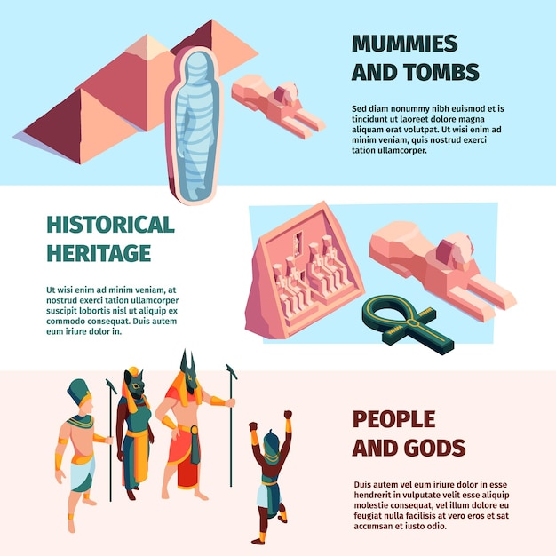 Ancient banners travelling concept picture with historical egyptian figures and architectural objects pyramid pharaones gods garish vector templates