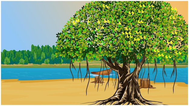 Premium Vector | Ancient banyan tree beside the village river nature scene. Premium Vector | Ancient banyan tree beside the village river nature scene.