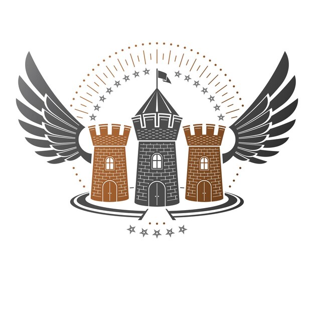古代の要塞のエンブレム。紋章のベクトルのデザイン要素。レトロなスタイルのラベル、紋章のロゴ。孤立した白い背景に華やかなロゴタイプ。