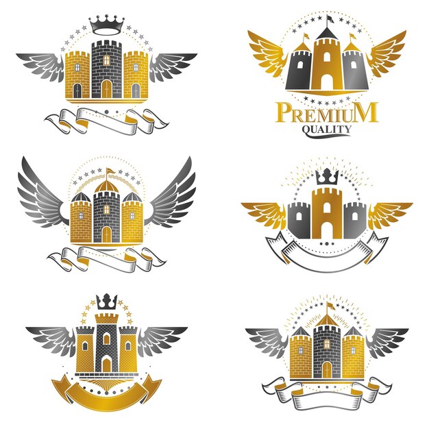 Vector ancient bastions emblems set. heraldic vector design elements collection. retro style label, heraldry logo.