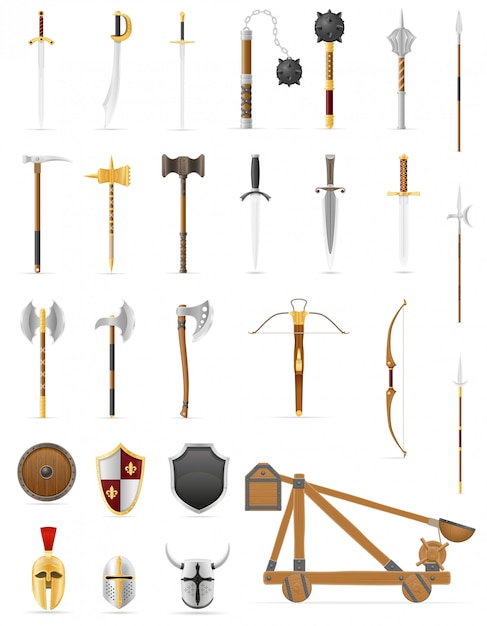 Vector ancient battle weapons set icons stock vector illustration