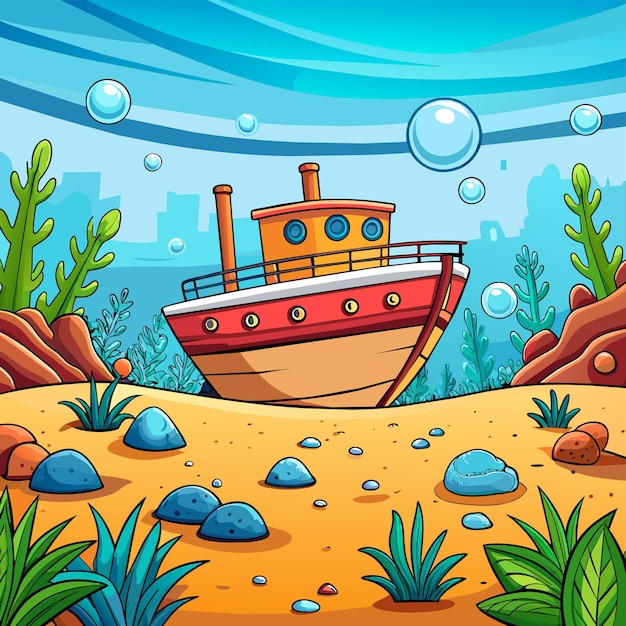 Ancient broken ship undersea hand drawn cartoon character sticker icon concept isolated illustration