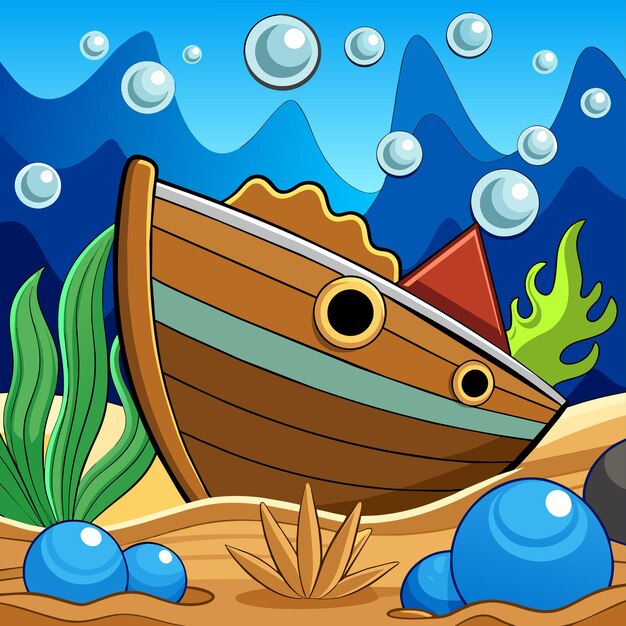 Ancient broken ship undersea hand drawn cartoon character sticker icon concept isolated illustration