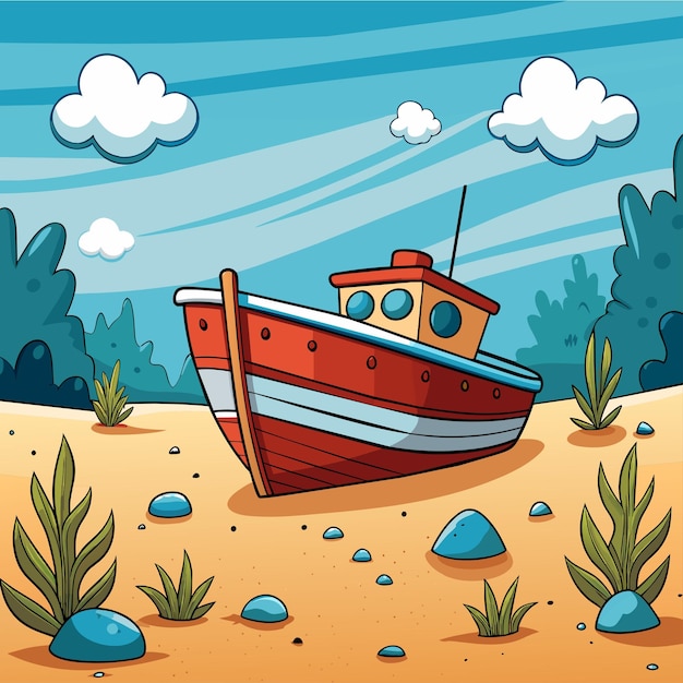 Ancient broken ship undersea hand drawn cartoon character sticker icon concept isolated illustration