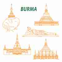 Vector ancient buddhist temples of burma thin line icons