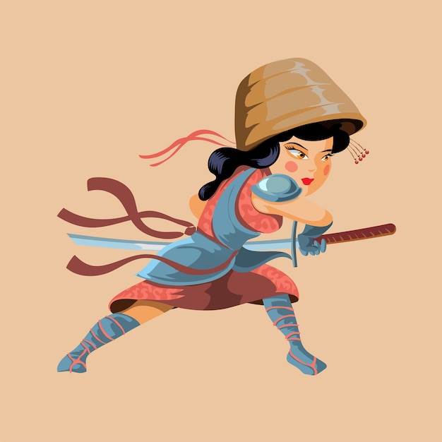 Ancient cartoon warrior fighter soldier and military girl in pink cloth and big braided hat