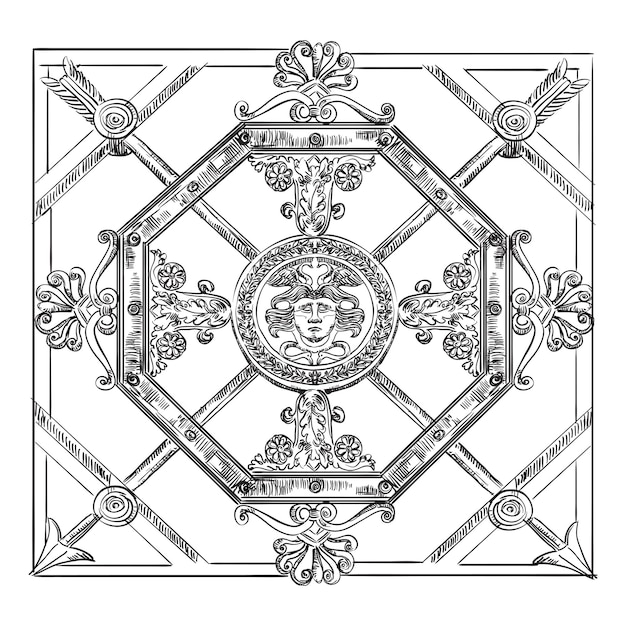 Ancient carving street  lattice vector hand drawing illustration in black color isolated on white background