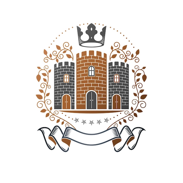 Эмблема древнего замка. Геральдический герб декоративный логотип изолированные векторные иллюстрации. Ретро логотип в старом стиле на белом фоне.