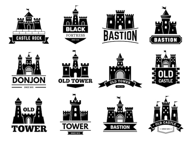 Vector ancient castles logo. medieval fortress with towers vector badges or logotypes set. illustration castle logotype, logo bastion collection