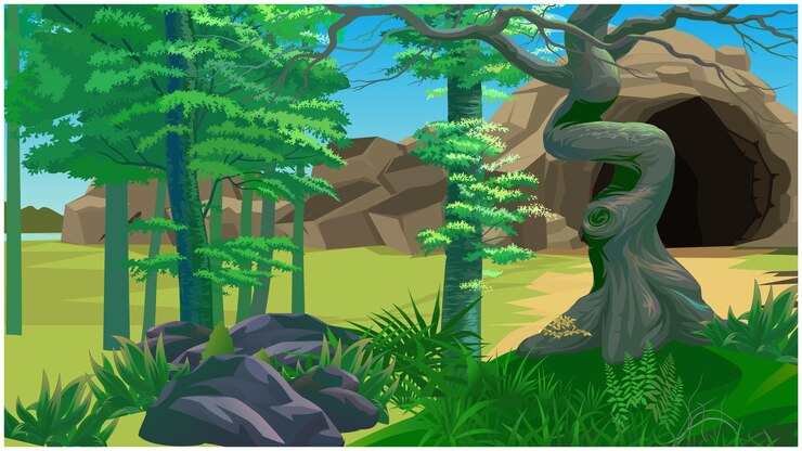 Vector ancient cave inside a forest for cartoon animation background.