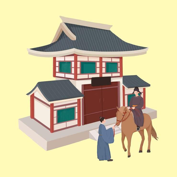 Vector an ancient chinese attendant leads his masters horse past the dormitory