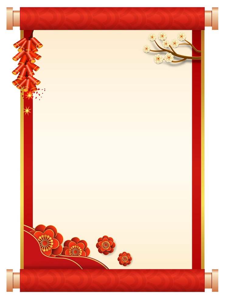 Vector ancient chinese paper scroll with firecrackers and sakura flowers