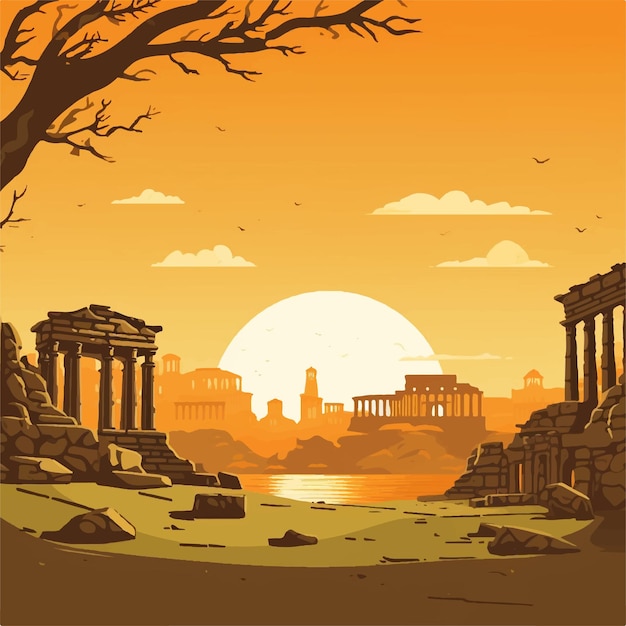 Vector ancient city of athens landscape with ruins and trees game background