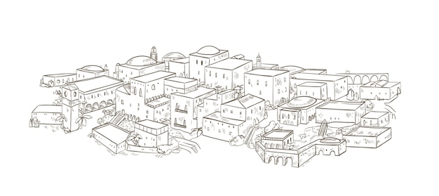 Antica città con vecchi edifici di architettura orientale disegnati a mano con linee di contorno su sfondo bianco. disegno monocromatico di gerusalemme o baghdad. bellissimo paesaggio urbano. illustrazione