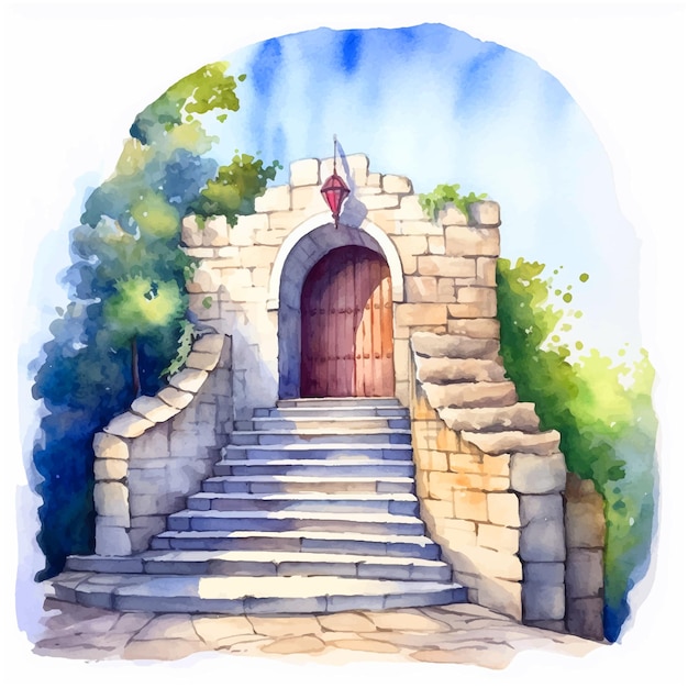 Ancient city with stone and wooden door watercolor paint