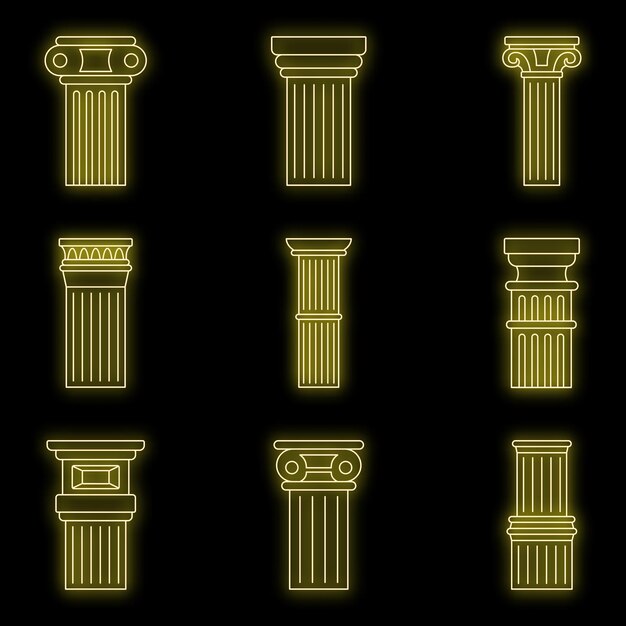 Ancient column icon set Outline set of ancient column vector icons neon color on black