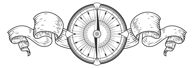 고대 나침반과 리본 손으로 그린 지리 지도 도구 흰색 배경에 고립