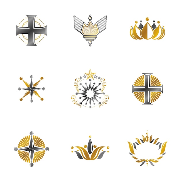 Ancient Crosses Crown Stars en bloemen emblemen set. Heraldische wapenschild, vintage vector logo's collectie.